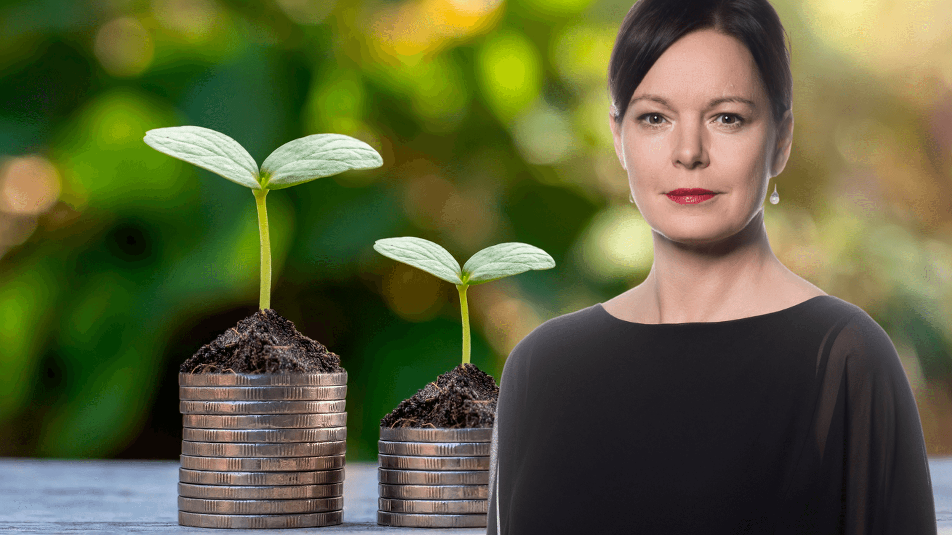 Kollage Anna-Lena Holmström och pengar som symboliserar tillväxt