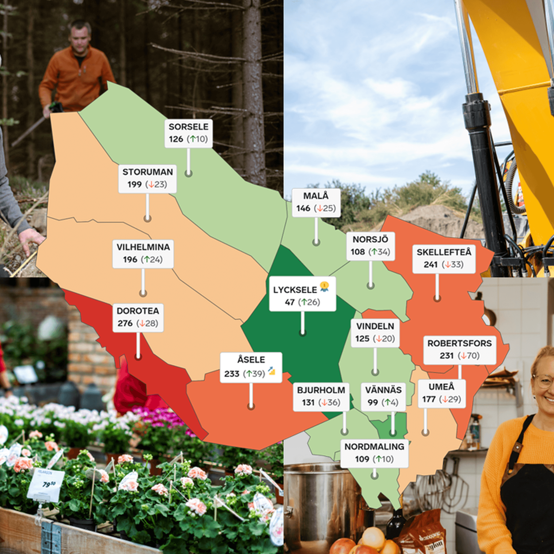 Bildkollage: Företagare och en karta över Västerbottens län som visar kommunernas placering i rankingen.