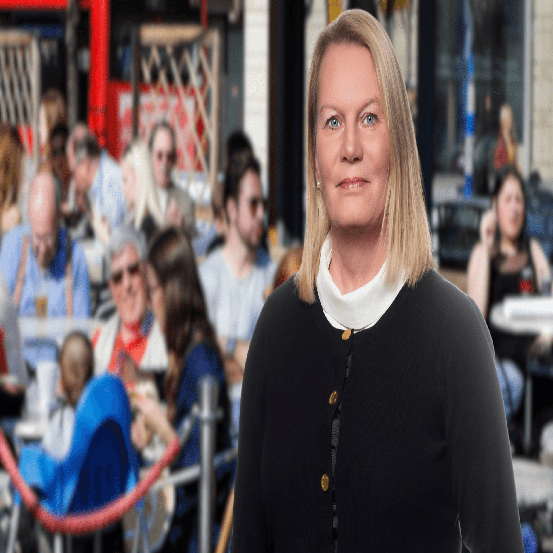 Bildcollage: Kristin Lahed och uteservering i bakgrunden