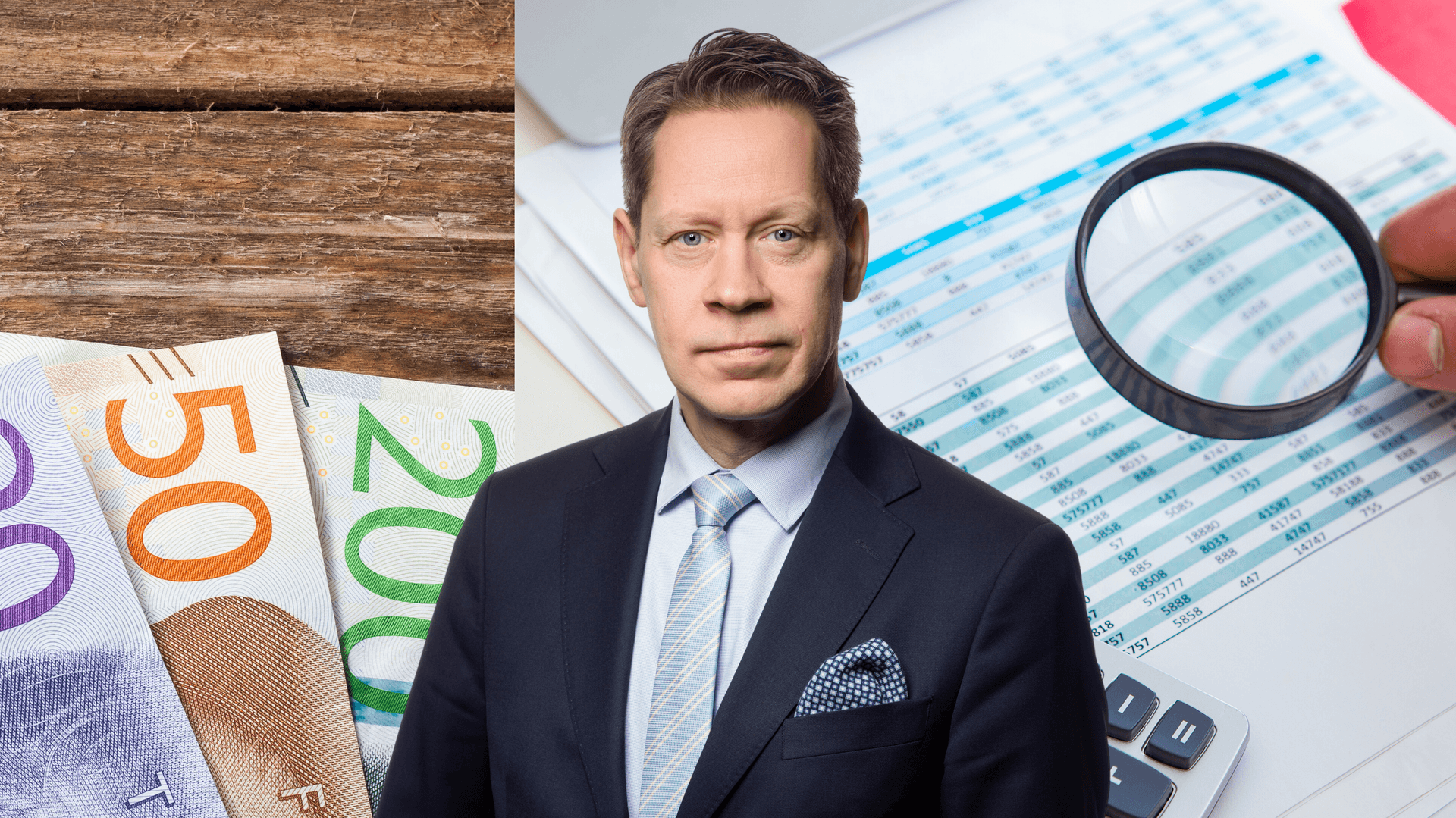 Bildcollage med porträtt av Johan Fall samt sedlar i bakgrunden