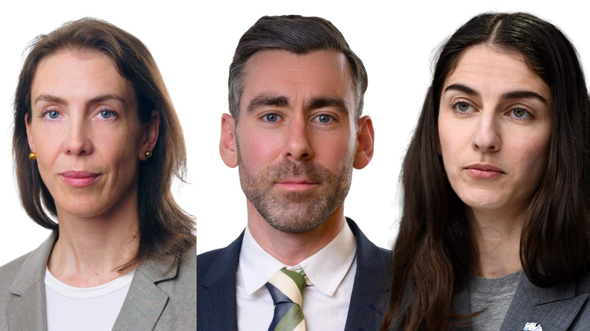 Lina Hagström, miljöjurist, Marcus Wangel, expert på miljöpolicy, och Romina Pourmokhtari, klimat- och miljöminister.
