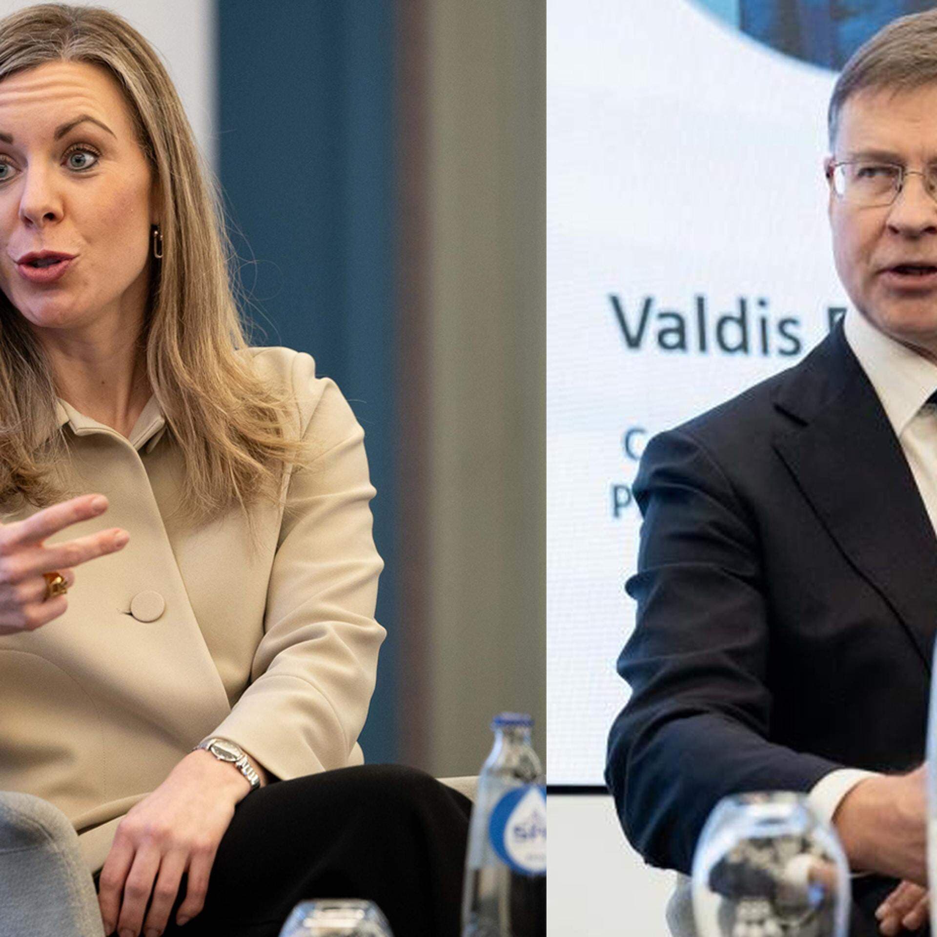 Göran Grén, avdelningschef företagsjuridik, EU-minister Jessica Rosencrantz och EU-kommissionär Valdis Dombrovskis.